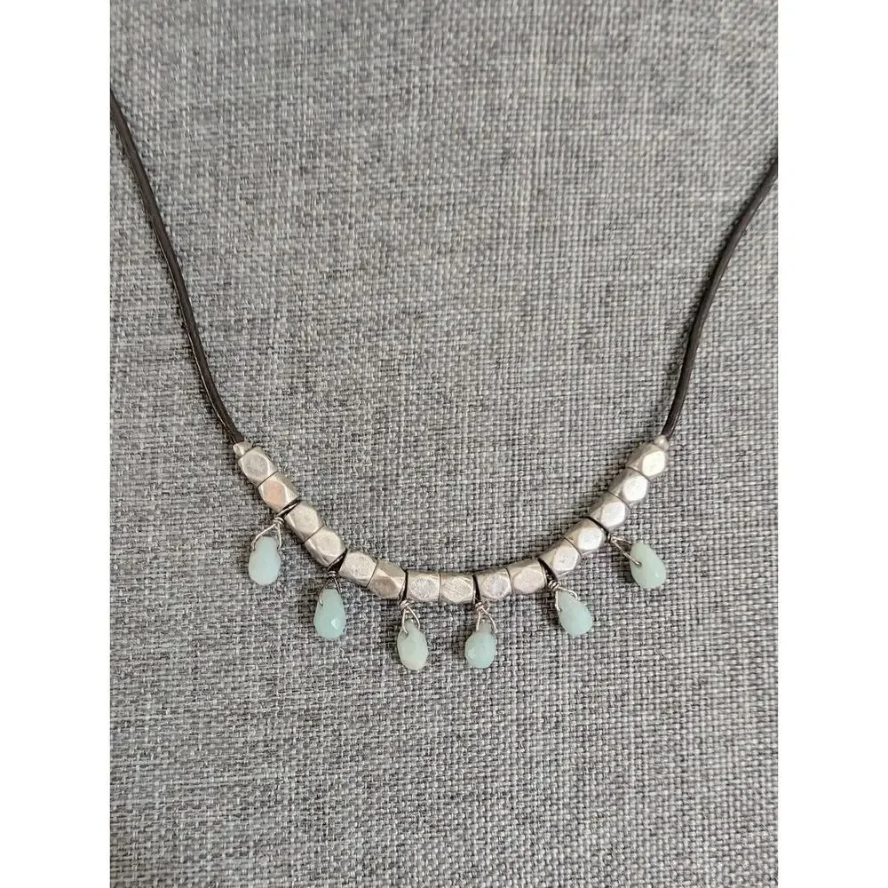 Fossil Silver Blue Tourmaline Wire Wrapped Bohemian Leather Cord Necklace NWT